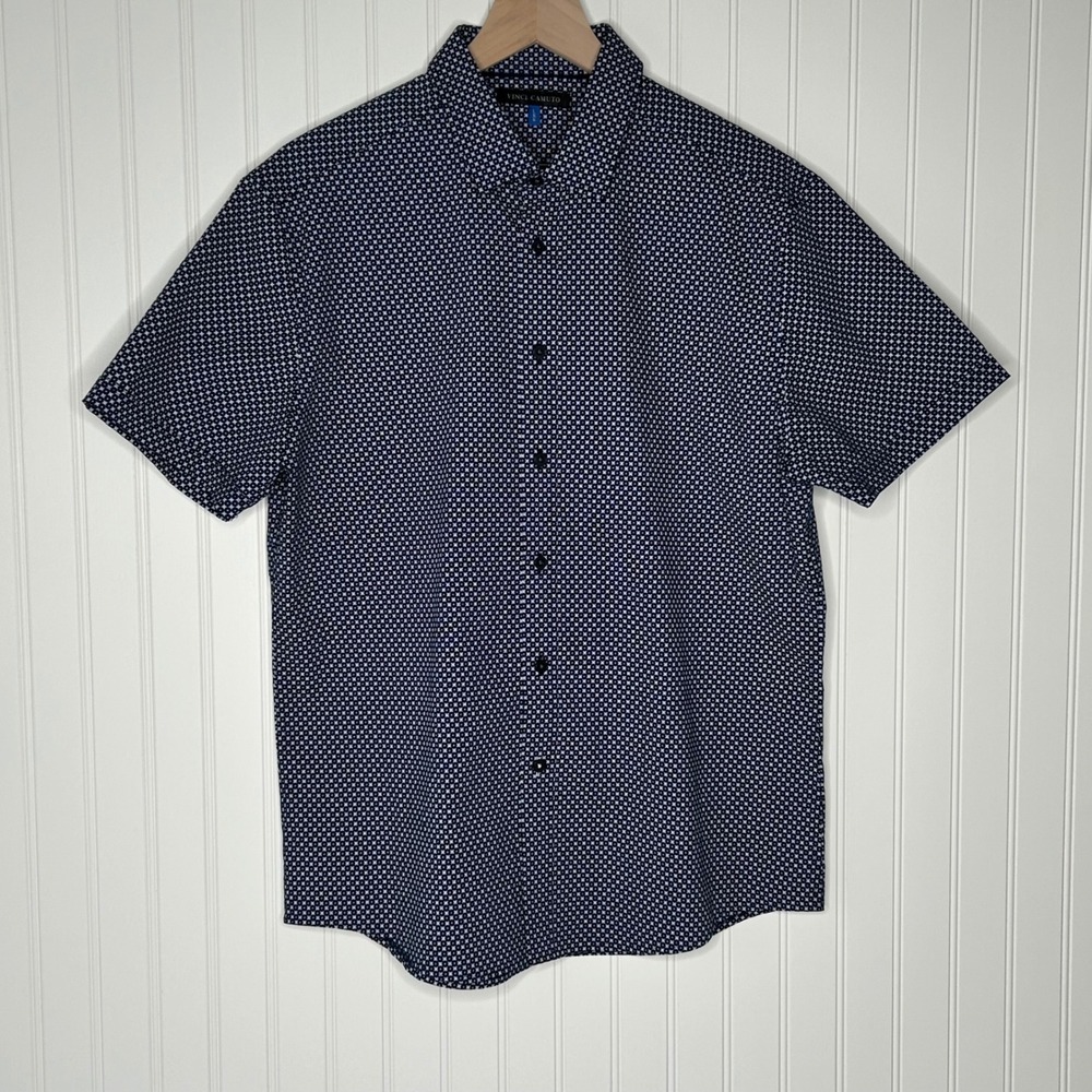 Vince Camuto Men Navy Geometric Micro Print Short Sleeve Button Down Shirt Large